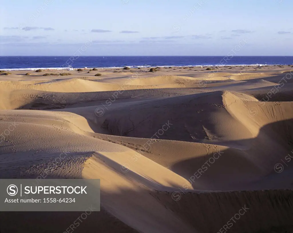 Spain, grain Canaria, Maspalomas,  Sand dunes, sea gaze,  Canaries, island, south, sandy beach, dunes, sand, Dune landscape, reservation of reading Du...