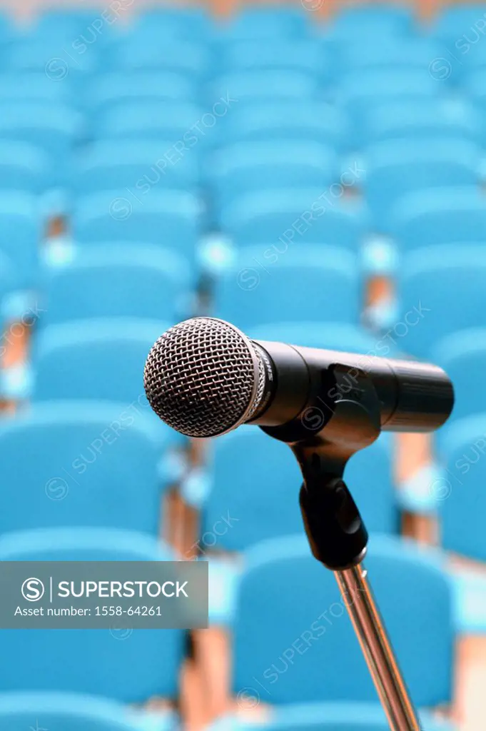 Lecture-hall, empty, chairs, microphone,  Detail   Hall, lecture-hall, chair rows, blue, hall, Posium, microphone pillars, Event, event, preparation, ...