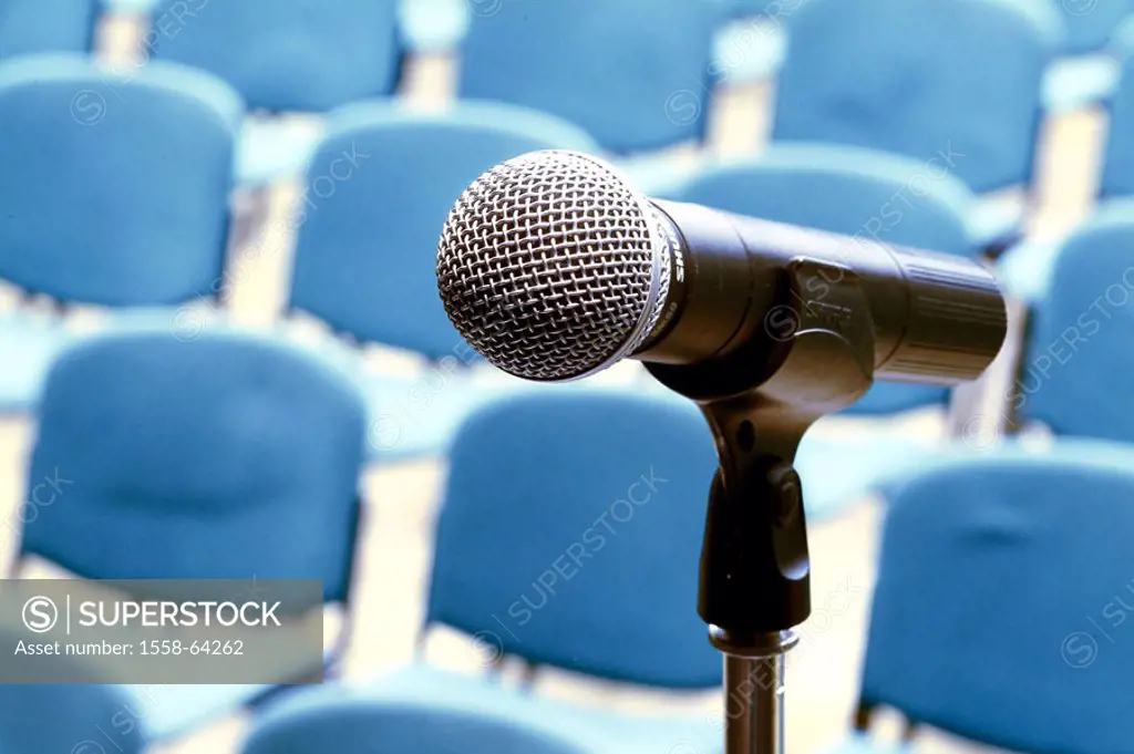 Lecture-hall, empty, chairs, microphone,  Detail   Hall, lecture-hall, chair rows, blue, hall, stage, microphone pillars, Event, event, preparation, p...