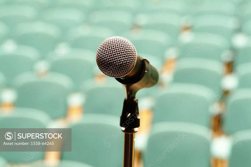 Lecture-hall, empty, chairs, microphone,,  Detail   Hall, lecture-hall, chair rows, green, hall, stage, microphone pillars, Event, event, preparation,...
