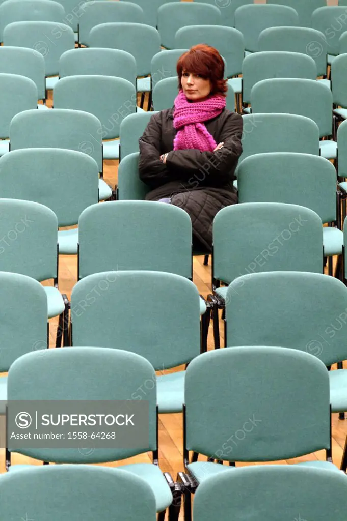 Hall, chair rows, woman, rehaired,  Scarf, , sitting, waiting  Lecture-hall, auditorium, chairs, rows, green, visitor, 30-40 years, seriously, poor cr...