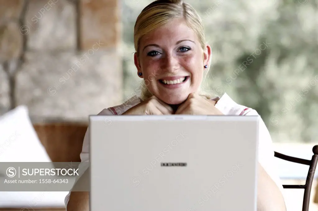 Woman, laptop, table, sitting, laughing,  Work, communication,  Joy, portrait,  24 years, 20-30 years, young, blond, computers, at home, communication...