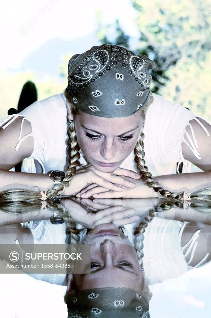 Woman, young, blond, braids, kerchief,  Glass table, resting, serious,  knocked down, reflection 24 years, 20-30 years, emotion, sorrowfully, secluded...