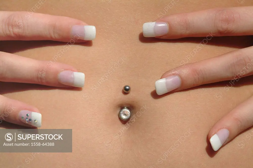 Woman, young, stomach, Bauchnabel-Piercing,  Fingers, body jewelry, Nail-Art  slim, navels, navels, Piercing, gepierct, youth culture, youth, Bodyart,...