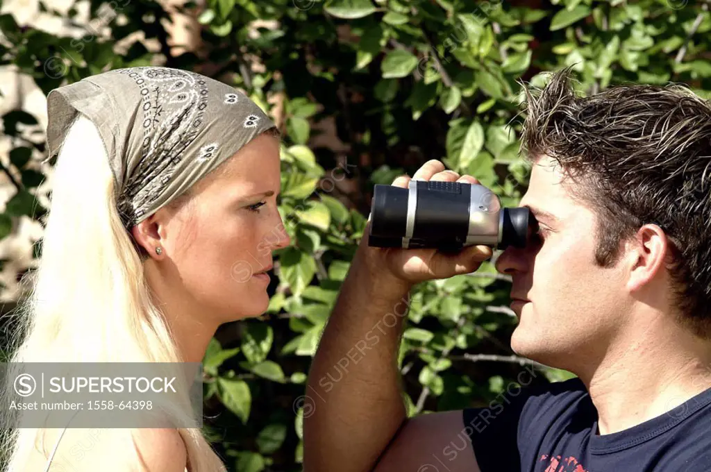 Man, woman, opposite, binoculars,  looking at, observing, contemplating,  Portrait, on the side  Fidelity, seriousness, control, blond, kerchief, skep...