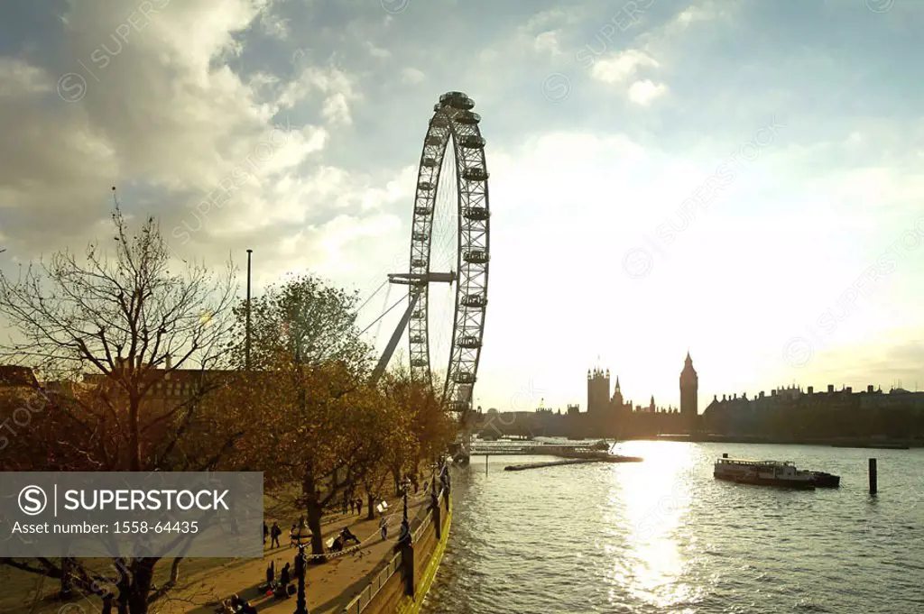Great Britain, England, London,  London Eye, Thames, back light  Europe, capital, millennium Wheel, giant wheel, river, shores, Thames shores, sight, ...