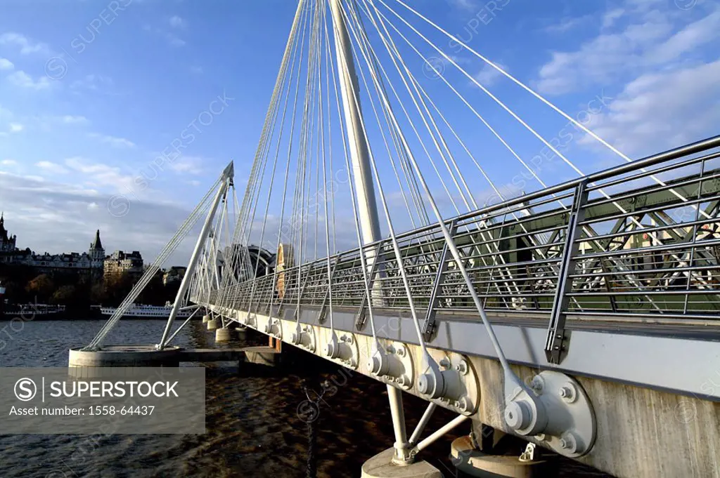 Great Britain, England, London,  Hunger Ford bridge, Thames,  Europe, capital, river, bridge, modern, suspension bridge, steel construction, construct...