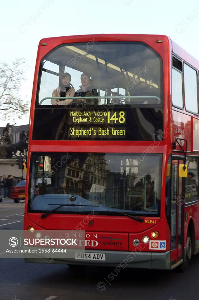 Great Britain, England, London,  Public bus, biplanes, red  Europe, capital, traffic, transportation, passengers, bus, bus, double-decker bus, passeng...