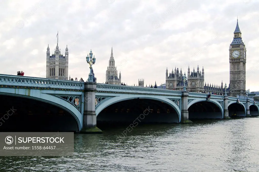 Great Britain, England, London,  Thames, Westminster bridge,  Big Ben, Houses of Parliament, Europe, capital, view at the city, river, Thames, bridge,...