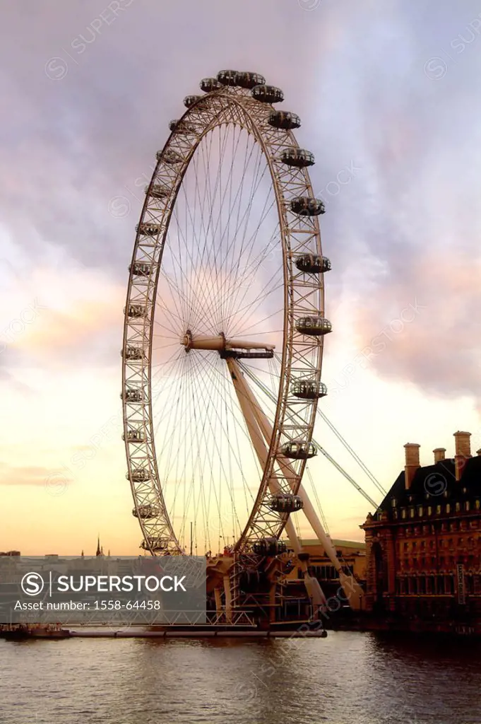 Great Britain, England, London,  Thames shores, giant wheel, London Eye,  Dusk Europe, capital, landmarks, sight, Jubilee Gardens, river, Thames, mill...