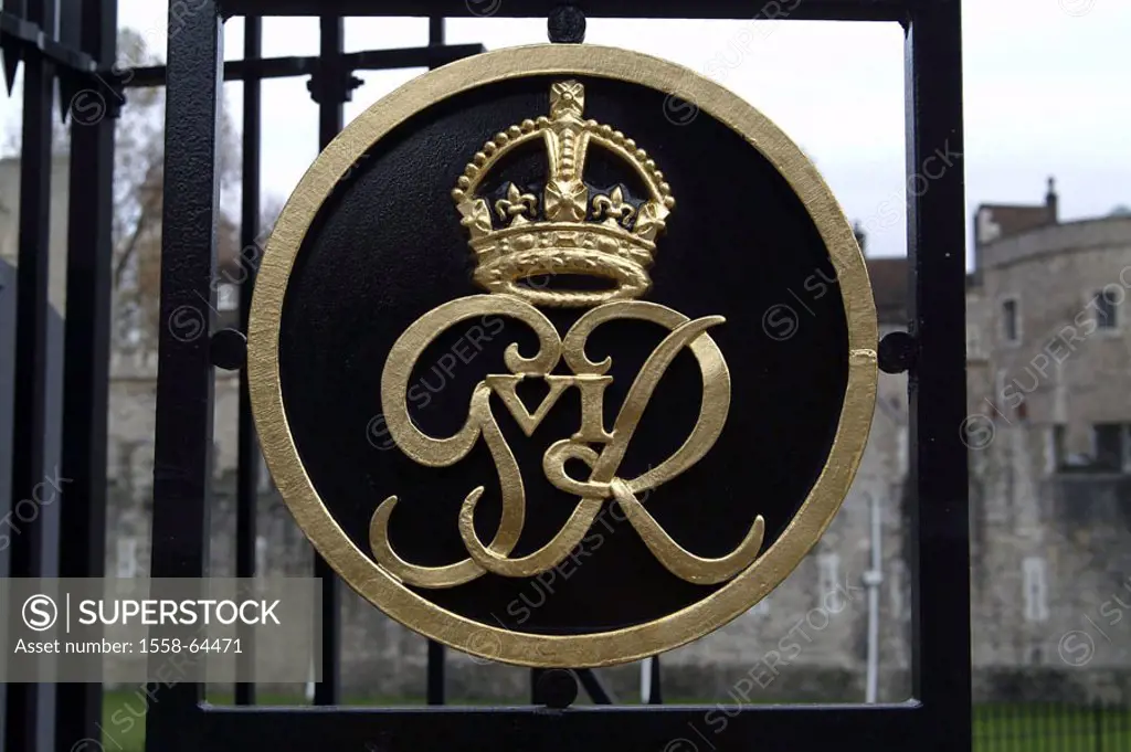 Great Britain, England, London,  Tower, ferric gate, royal coat of arms  Europe, politics, highness signs, reign, kingdom, monarchy, crown, gate, ferr...