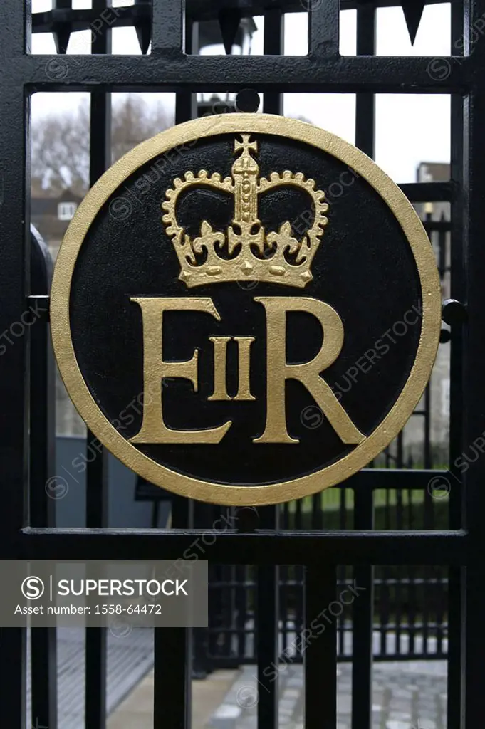 Great Britain, England, London,  Tower, ferric gate, royal coat of arms  Europe, politics, highness signs, reign, kingdom, monarchy, crown, gate, ferr...