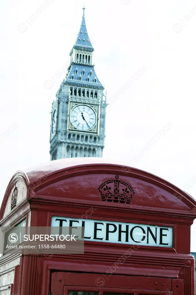 Great Britain, England, London,  Telephone booth, red, Big Ben, detail,  Europe, city, telephones, telephones, telephone, publicly, typically, communi...