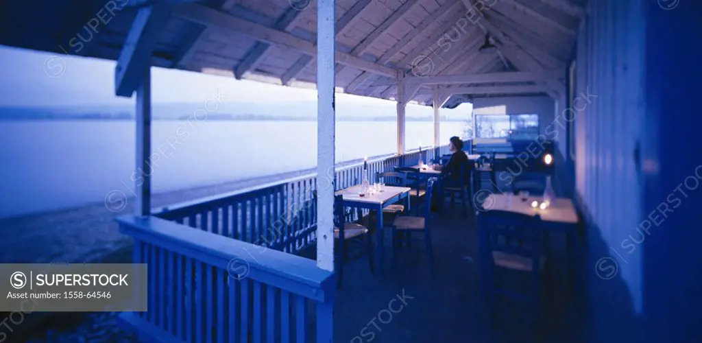 Beach restaurant, terrace, guest, Lake view, evening mood,  Sea, shores, restaurant, restaurant terrace, man, sitting, relaxation, recuperation, vacat...