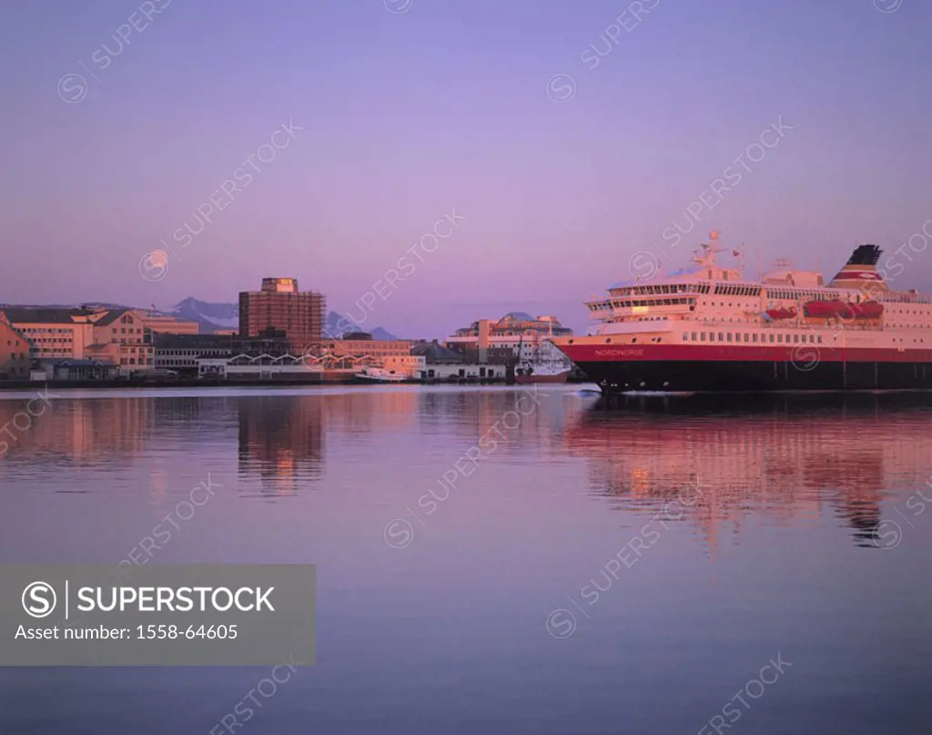 Norway, North country, Bodø, harbor,  Swiftly rod ship NORDNORGE,  At midnight sun Europe, Northern Europe, Scandinavia, North Norway, Bodö, North pol...