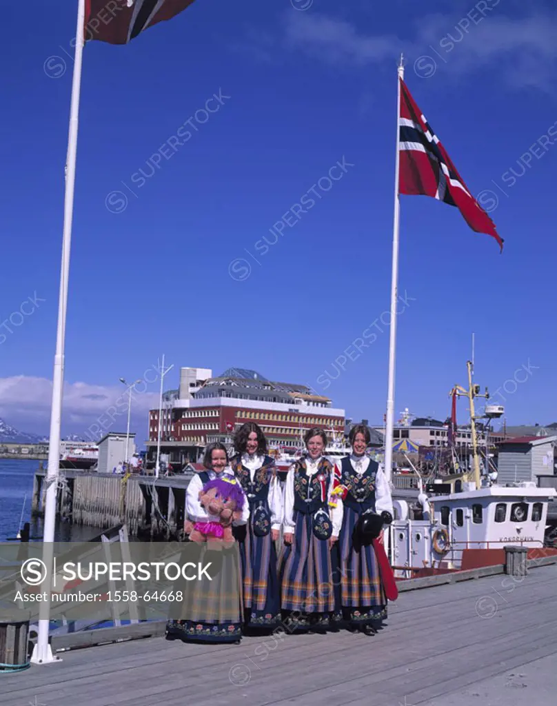 Norway, North country, Bodø, harbor, Women, national traditional costume, group picture,  Europe, Northern Europe, Scandinavia, North Norway, Bodö, po...