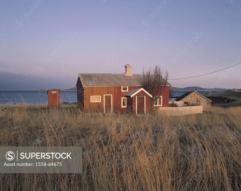 Dune, grasses, framehouse, coast,   Norway, Nordlandshus, house, red, power line, residence, Holzbauweise, one-family house, rural, isolated lonelines...