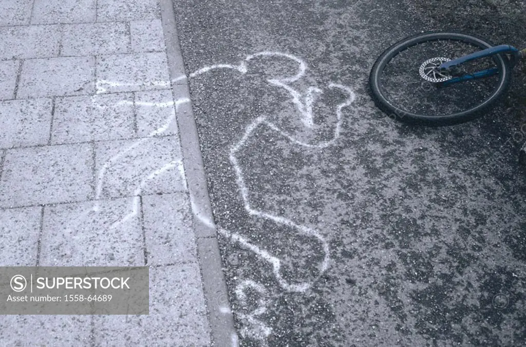 Street, trace protection,  Victims, outline, bicycle, detail,   Asphalt, outlines, person, force, crimes, murder, crime, corpse, chalk outline, accide...