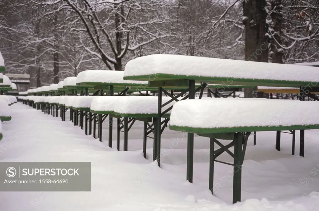 Beer garden, snow-covered,   Trees, bald, beer benches, beer tables, beer table sets, season, winters, snow, off-season, non-season, empty, abandoned,...