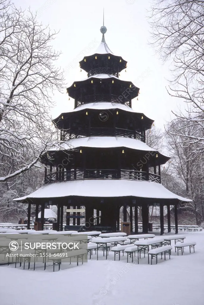 Germany, Bavaria, Munich,  English garden, Chinese tower,  Beer tables, snow-covered, Europe, Southern Germany, Upper Bavaria, park, park, sight, arch...