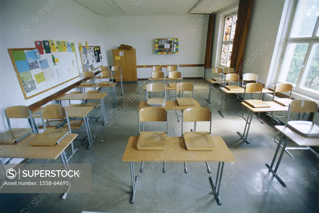 Classrooms, tables, chairs, empty,   School, school class, school benches, furniture, order, cleared up neatly, abandoned, nobody, concept, school end...