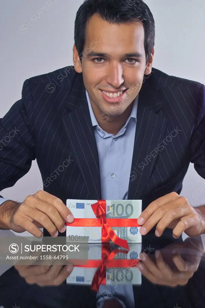 sitting man, suit, bills, focused, bow red, holding,  Half portrait Series, 20-30 years, 30-40 years, business, businessman, successfully, richly, mon...