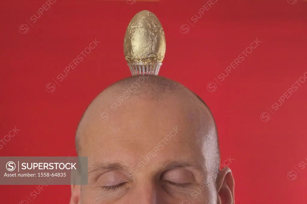 Man, bald head, golden egg,  Portrait, truncated  Men´s portrait, eyes, concept, closed,  ´blind trust´, balance, balance, skill, risk, security, inve...