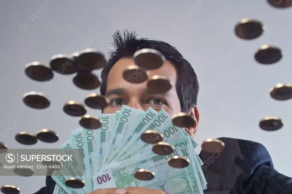 Glass table, man, bills, diversified, holding, coins, detail, from below    20-30 years, 30-40 years, Euro bills, 100-Euro, subjects, money, counts, r...