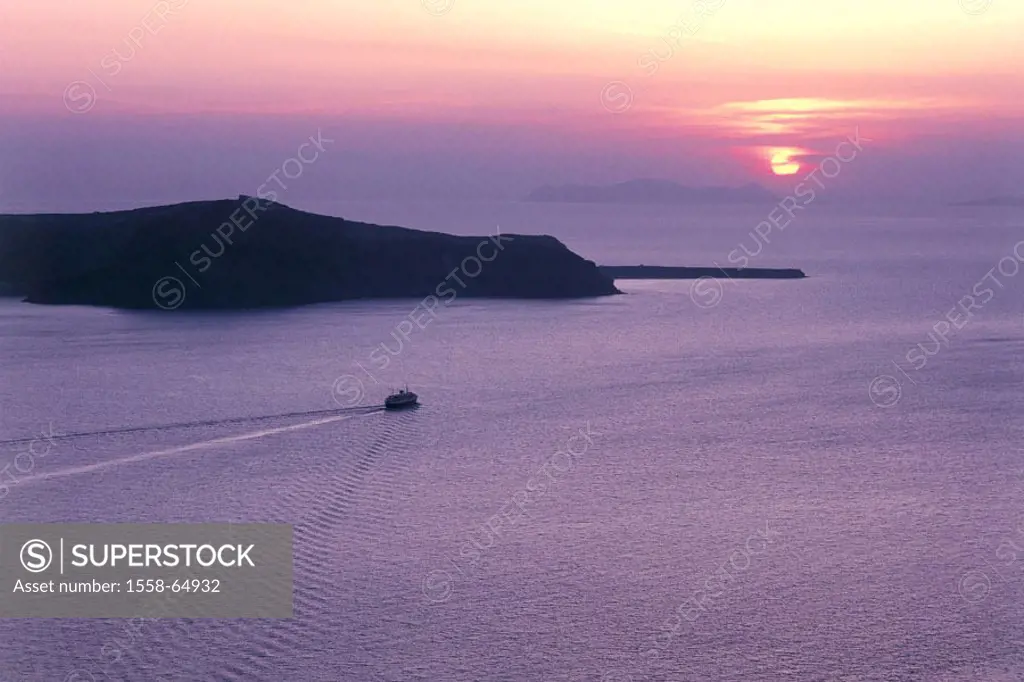 Greece, Kykladen, island Thirasia,  Aegean sea, boat, sunset  Europe, southeast Europe, Kykladeninsel, Aegean islands, Aegean, Mediterranean, ship, sh...