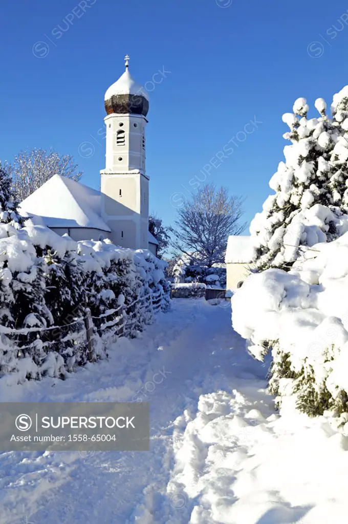 Germany, Bavaria, close to Tutzing,  Ilkahöhe, parish church, winters  Europe, Upper Bavaria, village, church, footpath, snow-covered, gotten snowed i...