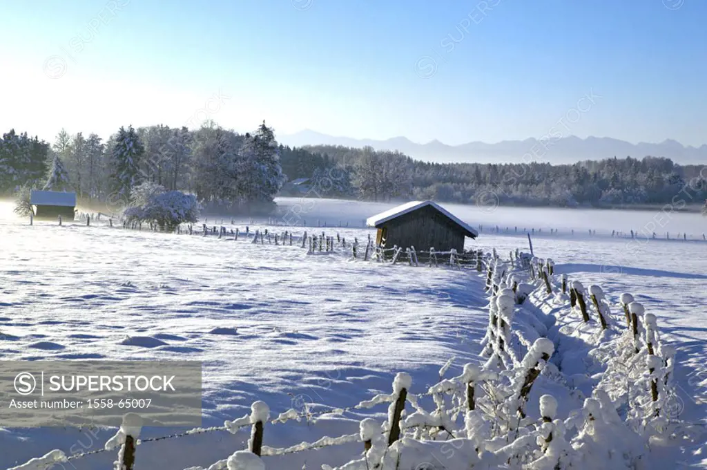 Germany, Bavaria, Tutzing,  Field landscape, fence, hut, winters,   Europe, Upper Bavaria, landscape, fields, snow-covered, gotten snowed in, season, ...