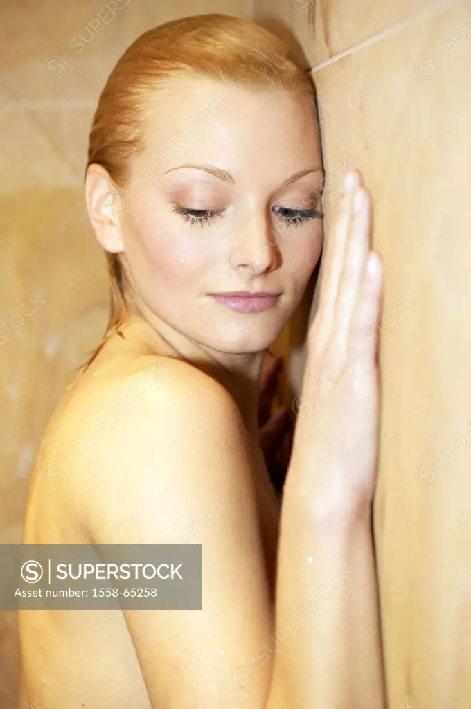 Woman, naked, blond, wall leans, Half portrait, on the side  20-30 years, 30-40 years, gaze lowered, hair wet, Shower, relaxation, recuperation, enjoy...
