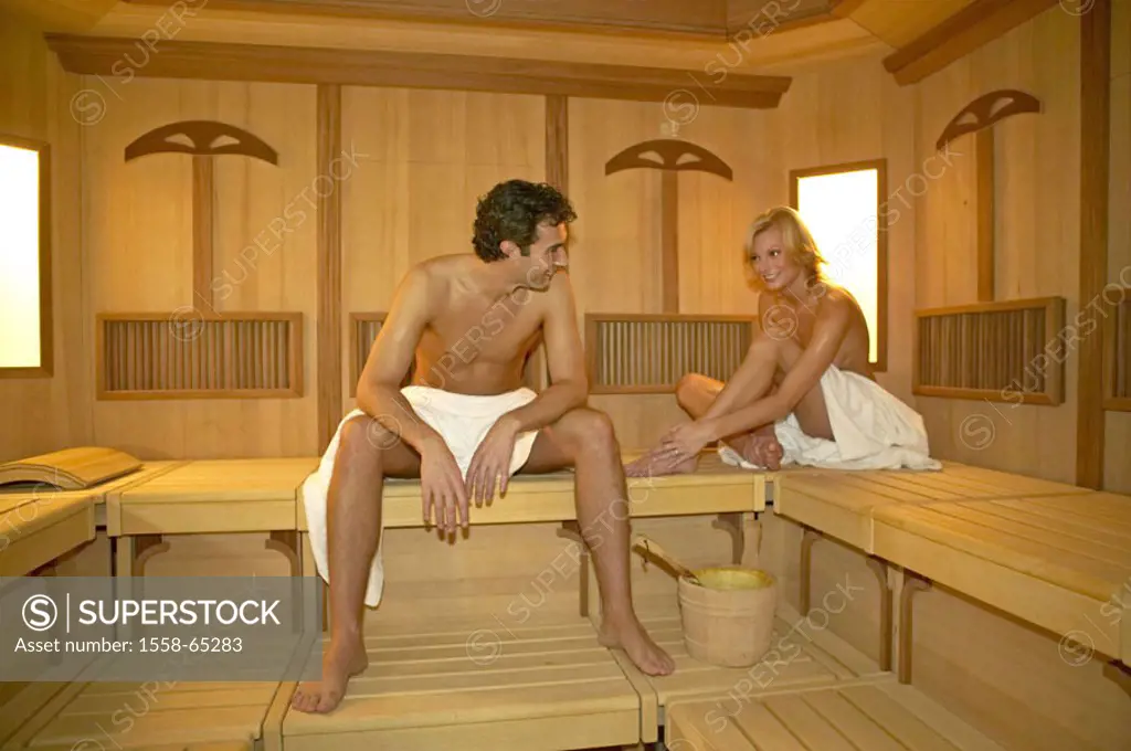 Sauna, couple, naked, towels, sitting,  Relaxation  20-30 years, 30-40 years, sauna walk, together, recuperation relaxen Auszeit enjoying resting, sil...
