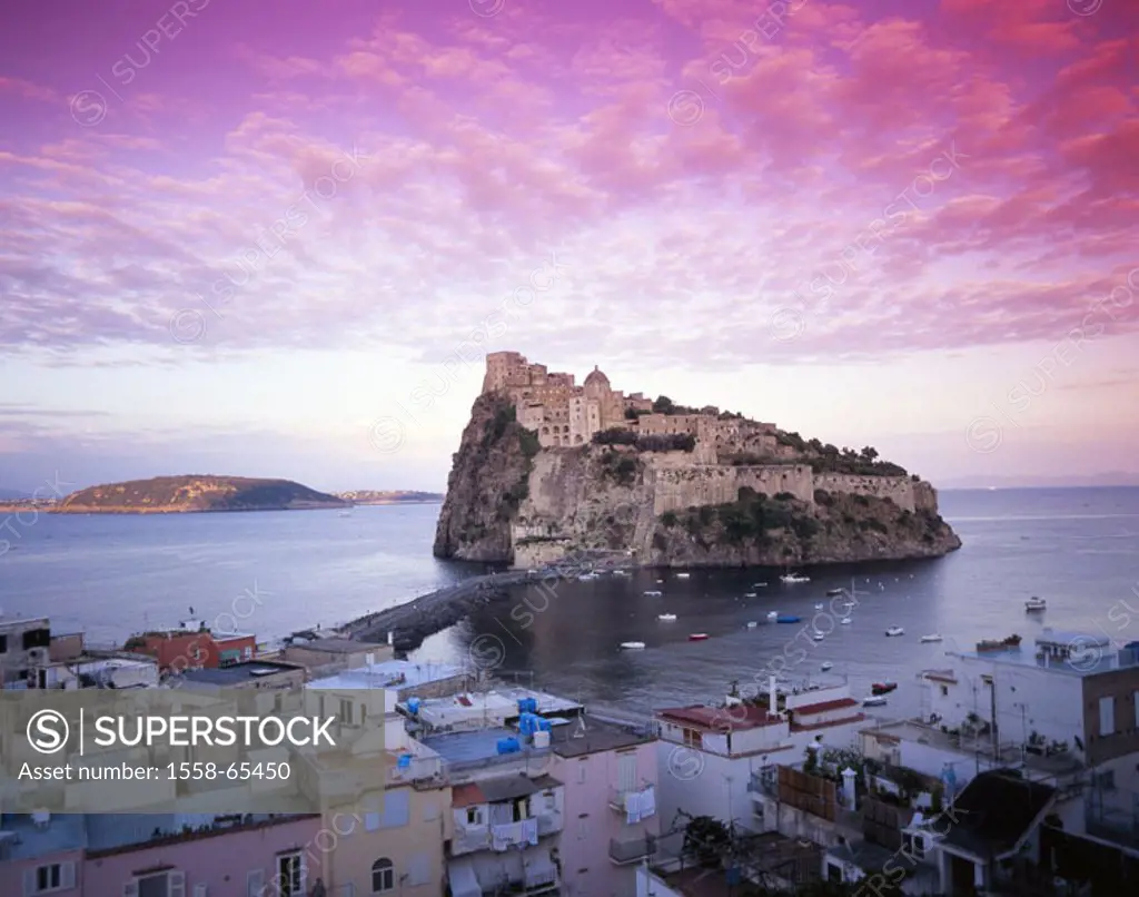 Italy, Kampanien, island Ischia, Ischia,  Ponte, Castello Aragonese, sea, boats,  Evening mood Europe, Southern Europe, South Italy, sight, place, con...
