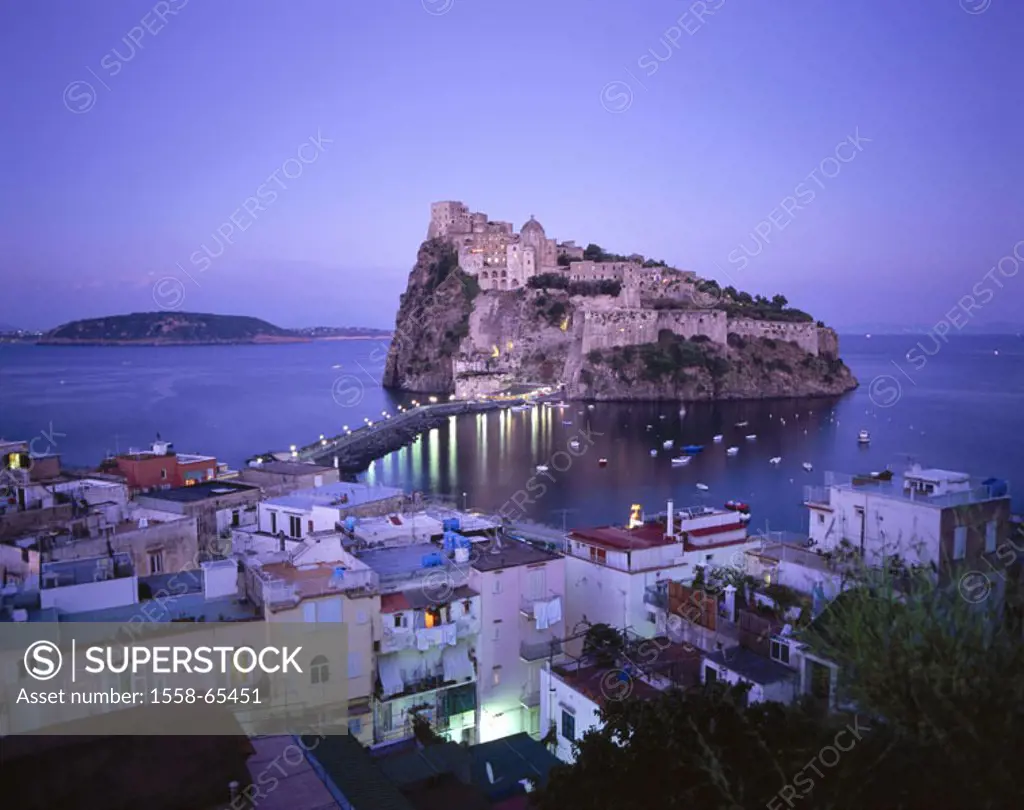 Italy, Kampanien, island Ischia, Ischia,  Ponte, Castello Aragonese, sea, boats,  Evening Europe, Southern Europe, South Italy, sight, place, connecti...
