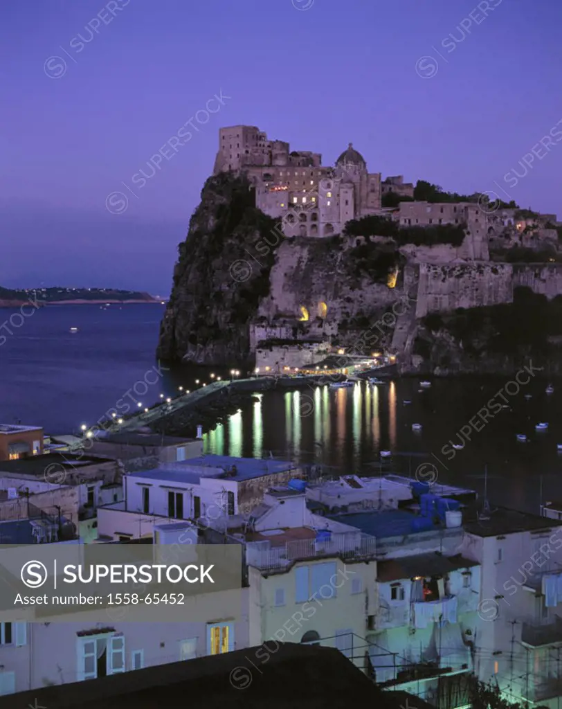Italy, Kampanien, island Ischia, Ischia,  Ponte, Castello Aragonese, sea, boats,  Evening Europe, Southern Europe, South Italy, sight, place, connecti...