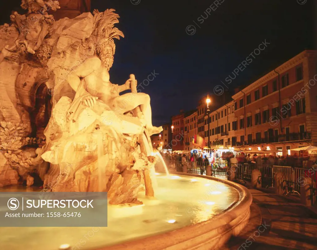 Italy, Rome, piazza Navona, Fontana,  Del nice UN, detail, illumination, evening,  Europe, Southern Europe, middle Italy, region Latium, capital, old ...