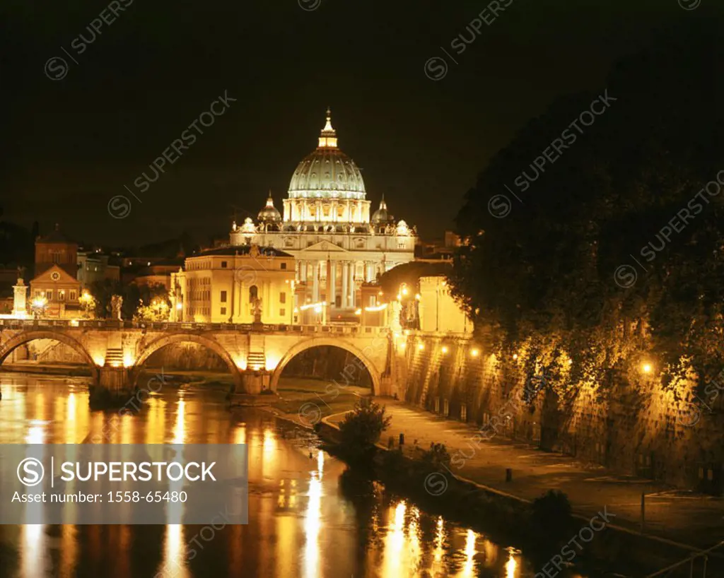 Italy, Rome, Vatican, Peterskirche,  Angel bridge, illumination, evening  Europe, Southern Europe, middle Italy, region Latium, capital, sight, cultur...