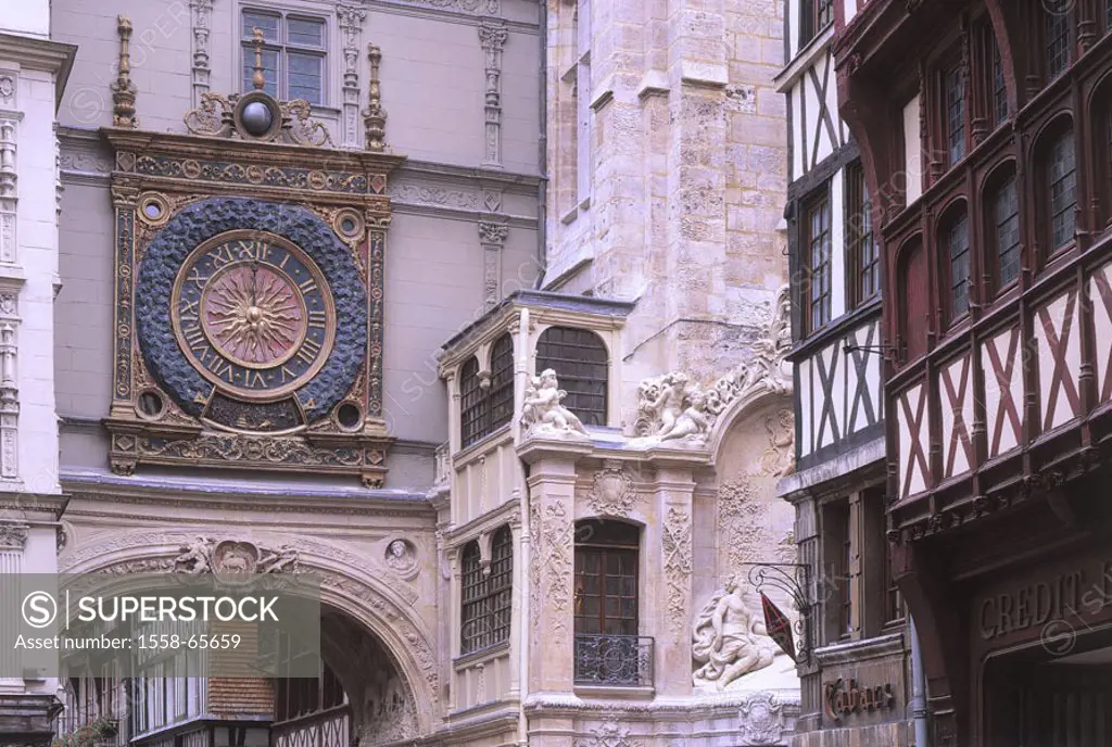 France, Normandy, Rouen,  Uhrturm ´Le bulk Horloge´  Europe, Haute-Normandie, departments Seine-Maritime, city center, sight, astrological clock, 14. ...