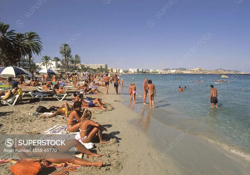 Spain, Ibiza, Platja of d´en Bossa, Beach, swimmers,  , island, beach, sandy beach, tourists, Sunbath, suns, recuperation, relaxation, sea, Cooling, r...