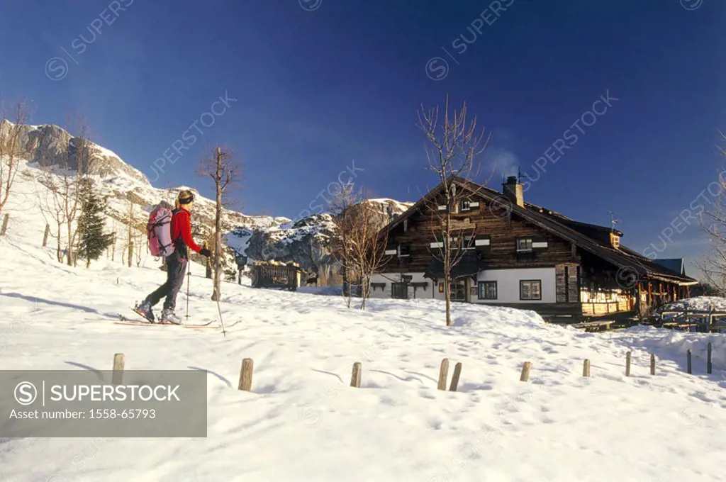 Austria, Salzburger country,  Berchtesgaden Alps, Hochkönig, Mitterfeldalm, Skitourengeher, no mr Europe, mountains, woman, Skitour, goal, arrival, co...