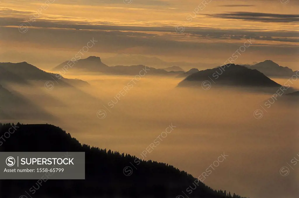 highland, summits, fogs, Sun, back light,  Mountains, Berchtesgaden Alps, Chiemgauer Alps, Salzburger Hochthron throne, mountains, heaven, clouds, con...
