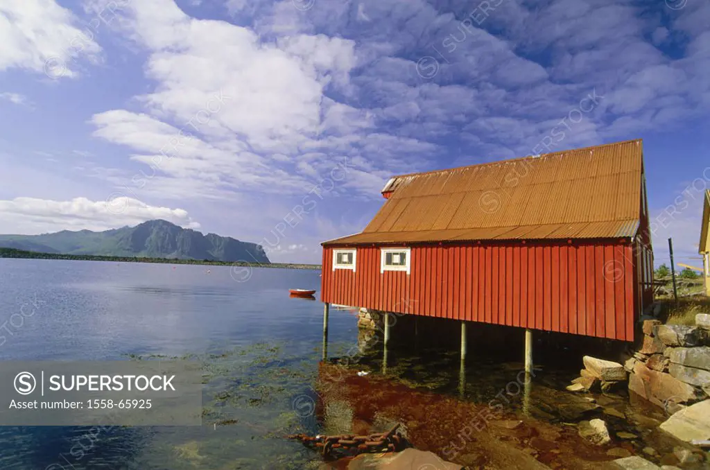 Norway, Lofoten, coast, boathouse, clouded sky  Scandinavia, North Norway, Küstenlandschaft, Rock coast, framehouse, wood cottage, red, cloud mood, Co...