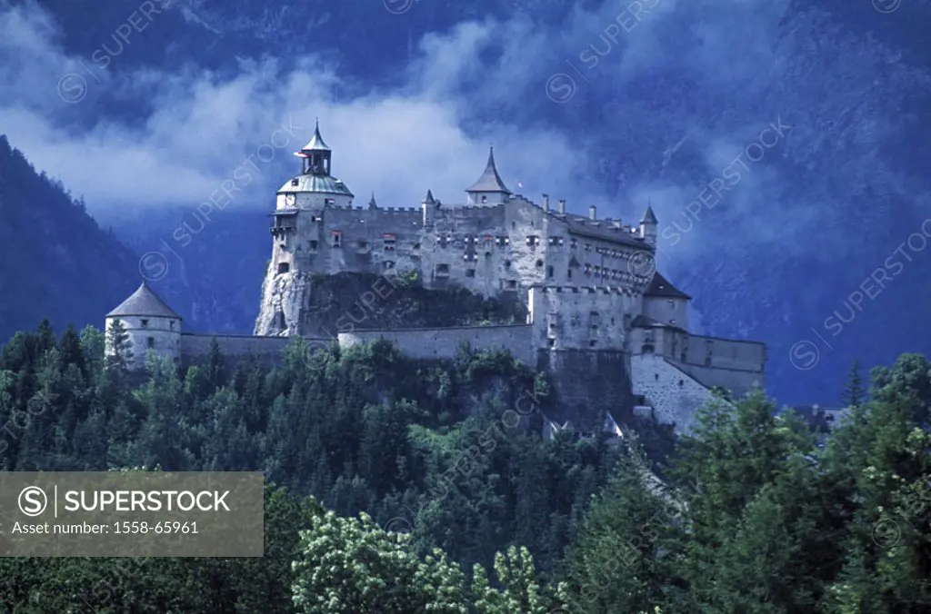 Austria, Salzburger country, throwing,  Castle Hohenwerfen  Europe, Central Europe, Pongau, palace, construction, buildings, architecture, highland, f...