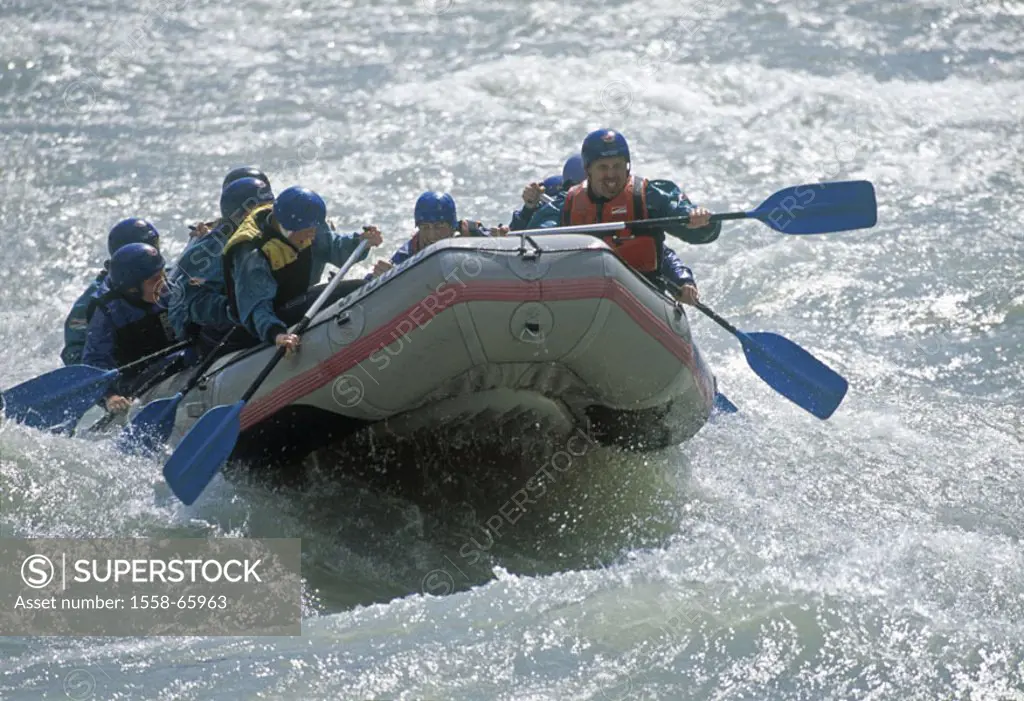 River, Rafting-Boot,   River Rafting, embarks, rubber dinghy, passengers, participants, swim vests, protection helmets, paddles, paddles, vacation, ad...