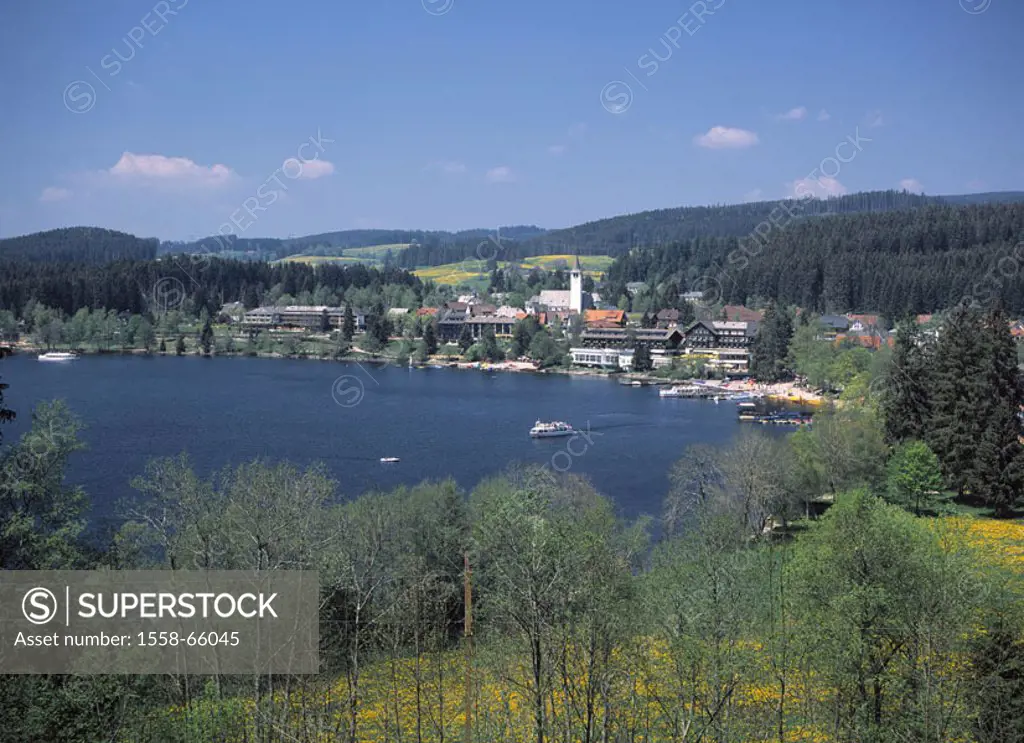 Germany, Black forest, Titisee, Community Titisee, ,  Sea, trip boats, Europe, Baden-Württemberg, health resort, houses, church, Parish church, sea, m...