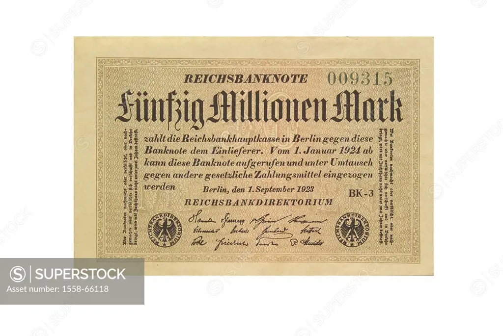 Bill, bank grade, fifty  Millions of marks  Investment, historic, old, invalid, means of payment, Federal mark, concept, valuable, worthless, collecto...
