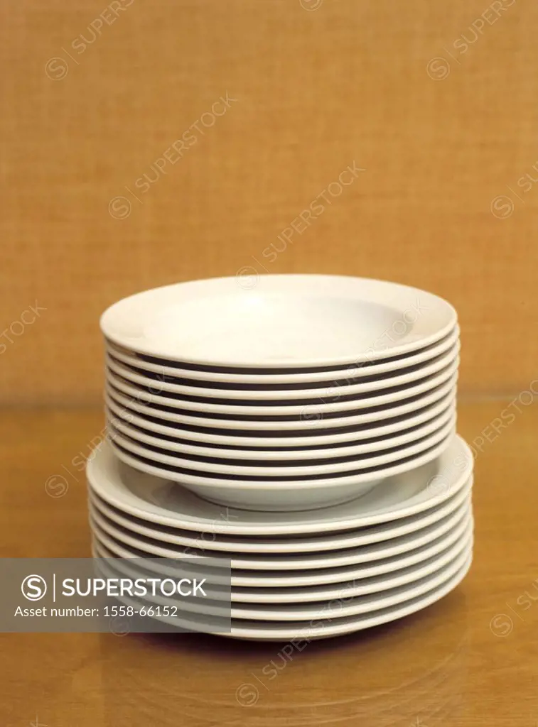 Plate stack   Dishes, porcelain, ceramics, plates, food plates, soup plates, deep, flat, set, stacked, one on top of the other-placed, concept, extend...