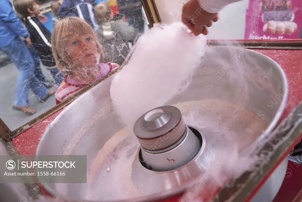 Festival, sweets stand, woman, detail,  Watches sugar cotton wool, girls,  Child, toddler, 4-6 years, seriously, stretched, entranced, observation, ch...