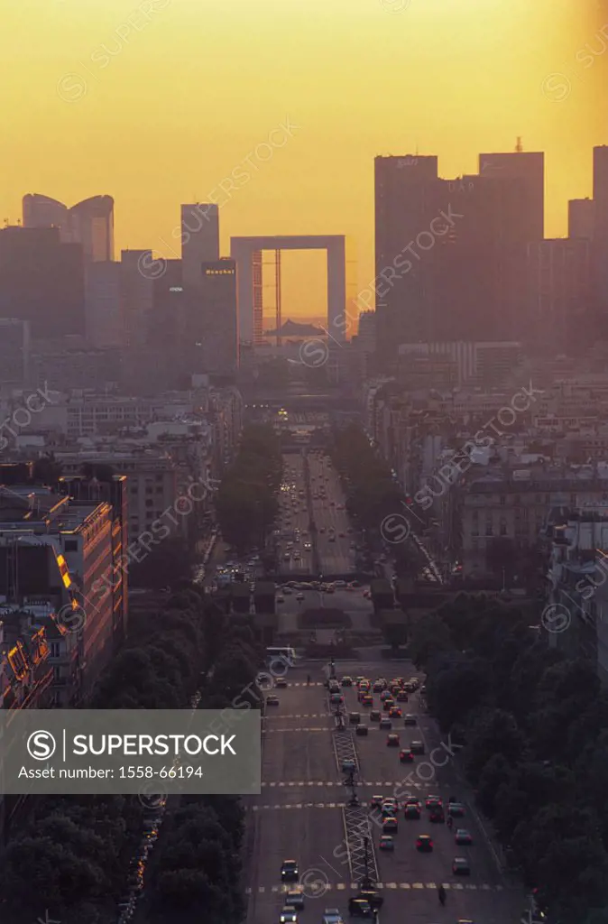 France, Paris, district La Defense,  view at the city, dusk,  Europe, metropolis, city, capital, street, multilane, traffic, cars, buildings, construc...